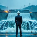 Finance executive and hydropower engineer overlook a large hydropower dam with flowing water, accented by subtle glowing network lines suggesting AI-driven financing; distant transmission towers and forested hills provide context.