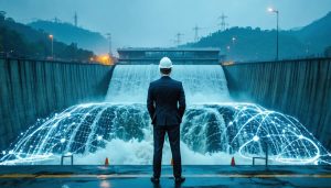 Finance executive and hydropower engineer overlook a large hydropower dam with flowing water, accented by subtle glowing network lines suggesting AI-driven financing; distant transmission towers and forested hills provide context.