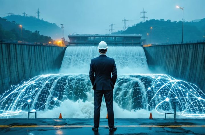 Finance executive and hydropower engineer overlook a large hydropower dam with flowing water, accented by subtle glowing network lines suggesting AI-driven financing; distant transmission towers and forested hills provide context.
