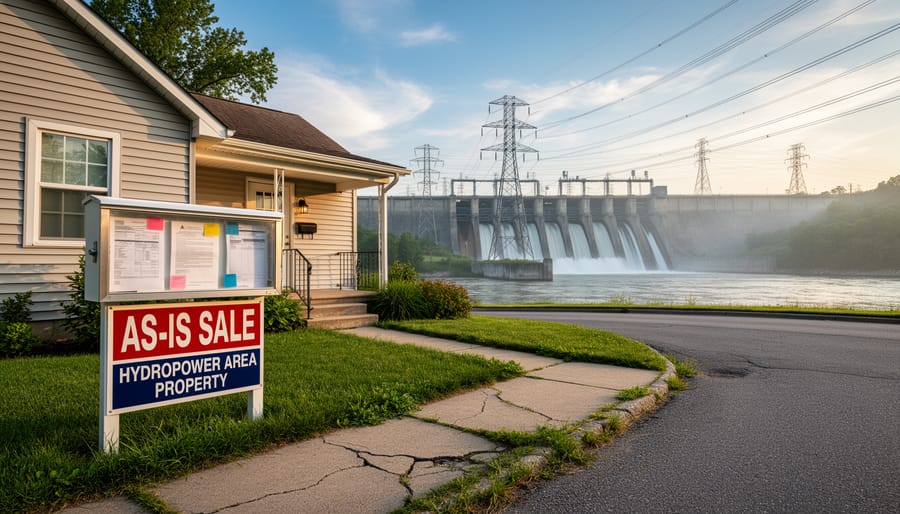 For sale as-is sign in front of lakefront property with hydroelectric infrastructure in background