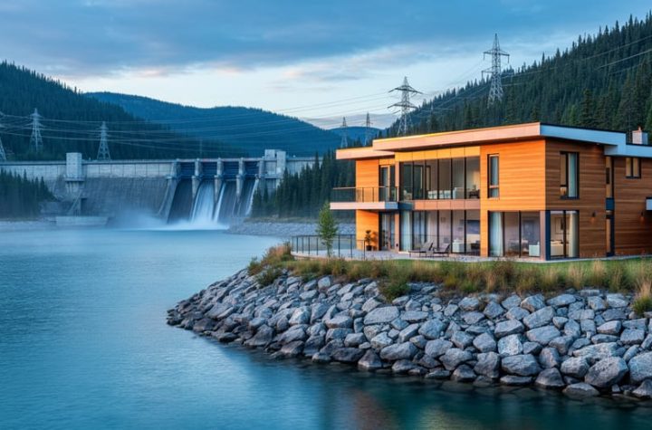 Modern Canadian lakeside house on rocky shore at golden hour with a hydroelectric dam and transmission towers across the reservoir, wide shot showing the relationship between property and renewable infrastructure.