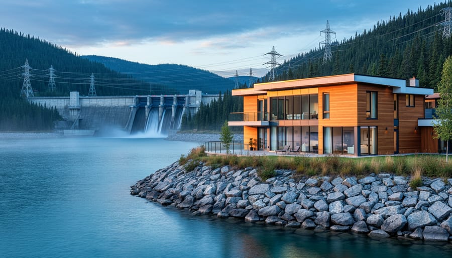 Modern Canadian lakeside house on rocky shore at golden hour with a hydroelectric dam and transmission towers across the reservoir, wide shot showing the relationship between property and renewable infrastructure.