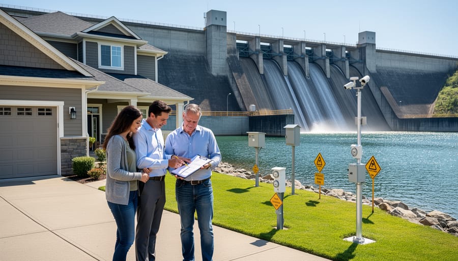 Residential property with environmental monitoring equipment and dam infrastructure in background