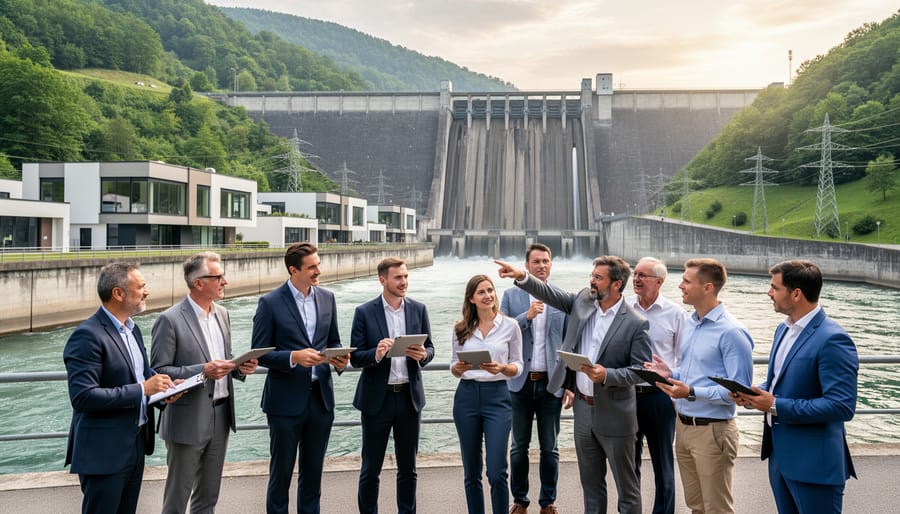 Business professional reviewing property documents near hydroelectric facility
