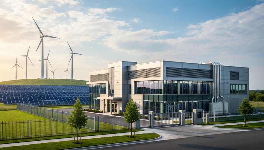 Exterior of a data center building with rooftop solar panels visible under an overcast sky