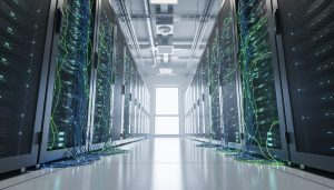 Wide low-angle view inside a modern server room with illuminated network cables and cooling hardware, representing the energy footprint of online casino operations.