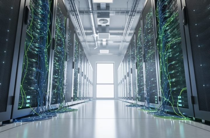 Wide low-angle view inside a modern server room with illuminated network cables and cooling hardware, representing the energy footprint of online casino operations.