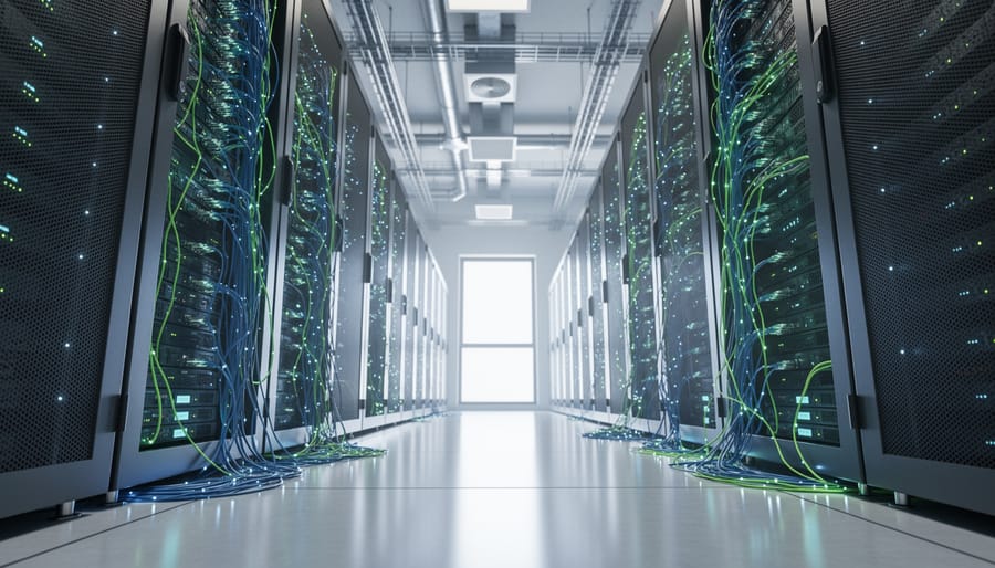 Wide low-angle view inside a modern server room with illuminated network cables and cooling hardware, representing the energy footprint of online casino operations.